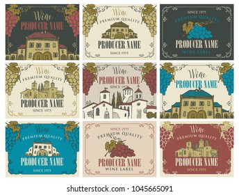 Vector set of wine labels with the image of grapes, landscapes, buildings in retro style in frames with curls