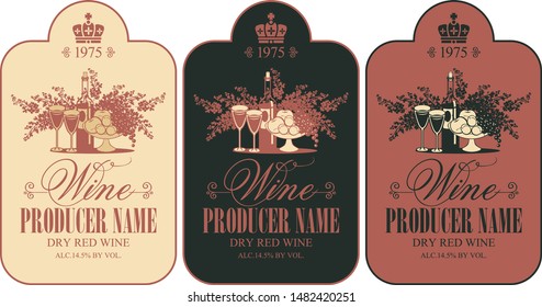 Vector set of wine labels with still life and calligraphic inscription in figured frame in retro style