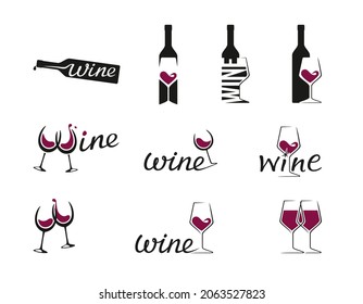 Vector set of wine logo. Bottle, glass, wine. Set of badges, labels, logo and logotype elements for wine, restaurant, bar, winery or wine house