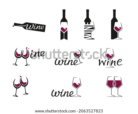 Vector set of wine logo. Bottle, glass, wine. Set of badges, labels, logo and logotype elements for wine, restaurant, bar, winery or wine house