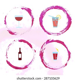 Vector set of Wine stain circles, splashes and spot isolated on white background for logo design. Watercolor hand drawing glass marks.