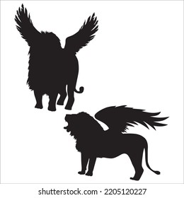 Vector Set Of Winged Lion Silhouettes Illustration Isolated On White Background