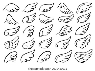 Vector set of wings. Hand-drawn, doodle elements isolated on white background.