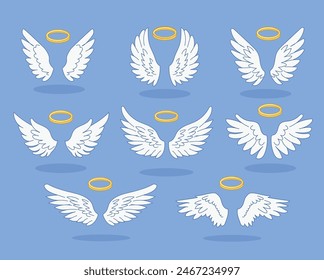 Vector set of wings with a shine halo isolated  on blue background.  Flying white winged angel icons collection with a gold ring.