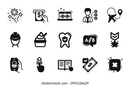 Vector set of Winner medal, Third party and Atm service icons simple set. Music making, Accepted payment and Airplane icons. Ab testing, Ice cream and Read instruction signs. Vector