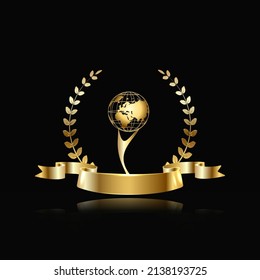 vector set Winning success gold cup, laurel wreath and a shiny ribbon on a black background
