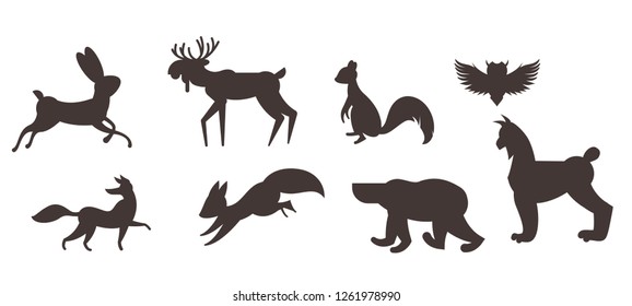 Vector set of winter animals on white background drawn in flat style