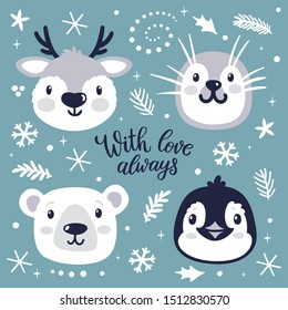 Vector set of winter animals: polar bear, penguin, reindeer, seal. Collection of cute cartoon characters. Arctic and antarctic animals. Greeting card with animal faces, snowflakes and floral elements.