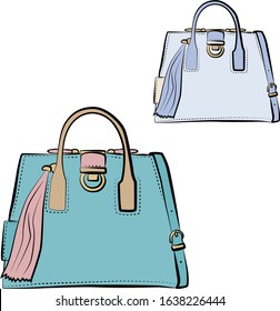 
Vector Set of winter bags in pastel, pink, blue, beige, green colors. Fur bag, backpack, woman bag, clutch. Isolated on white background. Autumn and spring woman cloth
