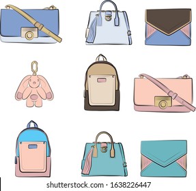 
Vector Set of winter bags in pastel, pink, blue, beige, green colors. Fur bag, backpack, woman bag, clutch. Isolated on white background. Autumn and spring woman cloth

