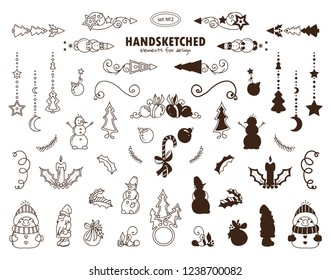 Vector set of winter calligraphic elements for design. Hand drawn cute arrows, index, wee Christmas arts (snowman, pine tree, candles, holly leaves and more). Ornate and silhouette options