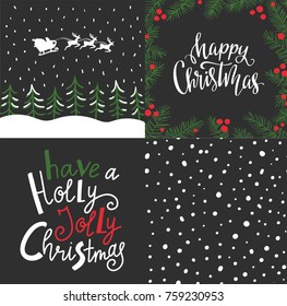 Vector set with winter cards, Christmas elements and lettering- 'Happy Christmas' and 'Have a holly jolly Christmas'. Holiday backgrounds design.