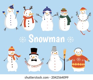 Juego de vectores de caricaturas de invierno sobre un fondo azul. Ilustración plana vectorial.