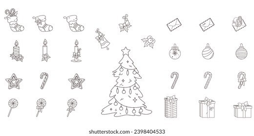 Vector Set of winter, Christmas and New Year symbols. Isolated Outline elements for xmas and season's Greetings themes. Several variations of gift boxes, candles, caramels, ornaments and stockings