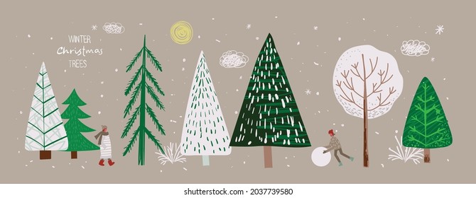 Vector set of winter Christmas trees and sun, snow, snowflake, bush, cloud, people for Creating own New Year and Christmas illustration cards