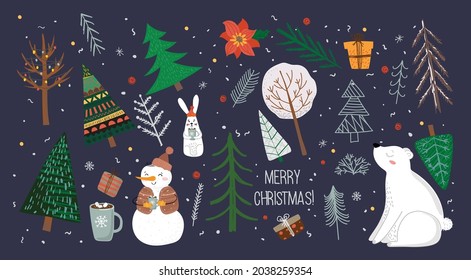 Vector set of winter Christmas trees and snow, snowflake, bush, cloud, bear, snowman, rabbit for Creating own New Year and Christmas illustration cards