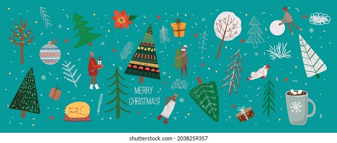 Vector set of winter Christmas trees and sun, snow, snowflake, bush, cloud, people for Creating own New Year and Christmas illustration cards