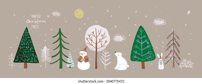 Vector set of winter Christmas trees and sun, snow, nowman, bush, cloud, bear, rabbit for Creating own New Year and Christmas illustration cards