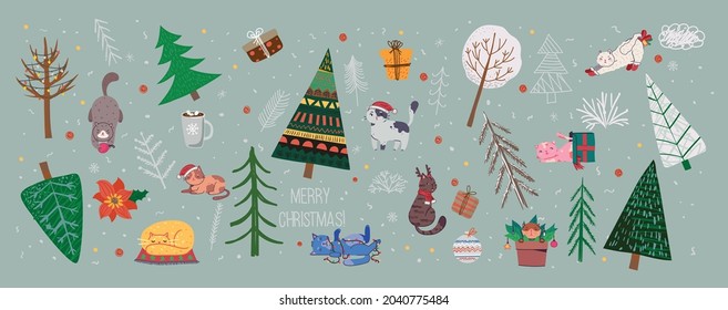 Vector set of winter Christmas trees and sun, snow, snowflake, bush, cloud, people for Creating own New Year and Christmas illustration cards