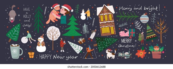 Vector set of winter Christmas trees and sun, snow, snowflake, bush, cloud, people for Creating own New Year and Christmas illustration cards