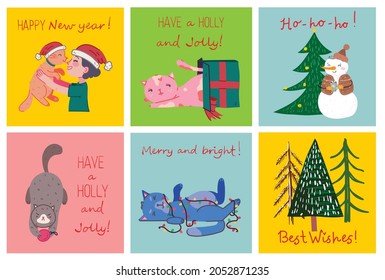 Vector set of winter Christmas trees and sun, snow, snowflake, bush, cats, people for Creating own New Year and Christmas illustration cards