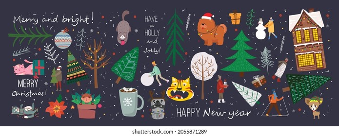 Vector set of winter Christmas trees and sun, snow, snowflake, bush, cats, people for Creating own New Year and Christmas illustration cards
