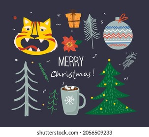 Vector set of winter Christmas trees and sun, snow, snowflake, bush, cats, people for Creating own New Year and Christmas illustration cards