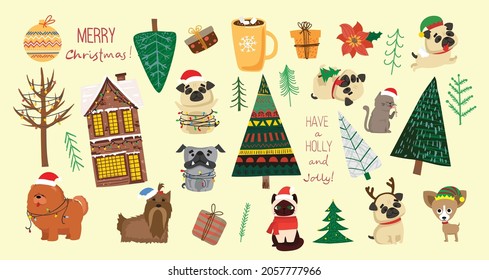 Vector set of winter Christmas trees and sun, snow, snowflake, bush, cats, dogs for Creating own New Year and Christmas illustration cards