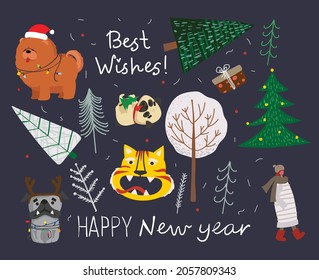 Vector set of winter Christmas trees and sun, snow, snowflake, bush, dogs, people for Creating own New Year and Christmas illustration cards