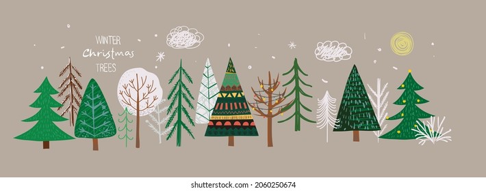 Vector set of winter Christmas trees and sun, snow, snowflake, bush, cloud, people for Creating own New Year and Christmas illustration cards