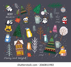 Vector set of winter Christmas trees and sun, snow, snowflake, bush, cats, pandas, people for Creating own New Year and Christmas illustration cards