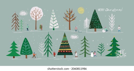 Vector set of winter Christmas trees and sun, snow, snowflake, bush, cloud, people for Creating own New Year and Christmas illustration cards