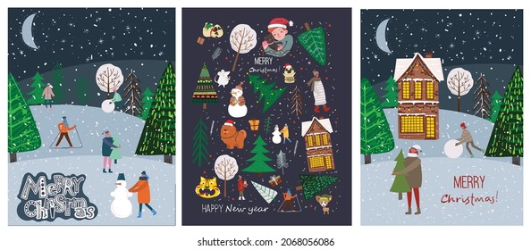 Vector set of winter Christmas trees and sun, snow, snowflake, bush, cats, pandas, people for Creating own New Year and Christmas illustration cards