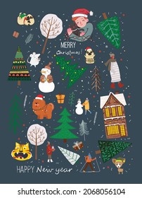 Vector set of winter Christmas trees and sun, snow, snowflake, bush, cats, pandas, people for Creating own New Year and Christmas illustration cards