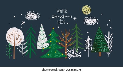 Vector set of winter Christmas trees and sun, snow, snowflake, bush, cats, pandas, people for Creating own New Year and Christmas illustration cards