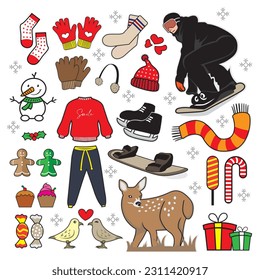 Vector set of winter clothes and accessories on a white background. Isolated objects.