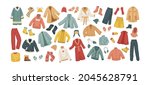 The vector set of winter clothes. Coats, hats, gloves, shoes and socks.