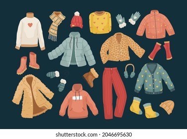 The vector set of winter clothes. Coats, hats, gloves, shoes and socks.