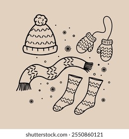 A vector set of winter clothes consisting of a knitted beanie hat, scarf, mittens, socks. Black and white drawings with contour lines and patterns. Design elements of cliparts for winter clothes. Fash