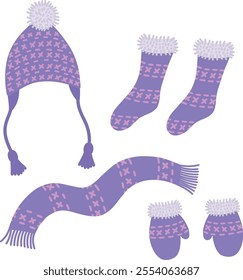 A vector set of winter clothes consisting of a knitted beanie hat, scarf, mittens, socks. Purple clothes on a white background. Design elements of cliparts for winter clothes. Fashionable