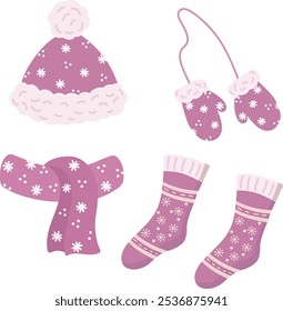 Vector set of winter clothes. Knitted accessories for winter and autumn. Hat, scarf, mittens, socks. Winter woolen clothes. The outerwear is pink with an ornament.