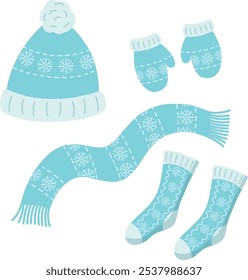 Vector set of winter clothes. Knitted accessories for winter and autumn. Hat, scarf, mittens, socks. Winter woolen clothes. The outerwear is blue with an ornament.