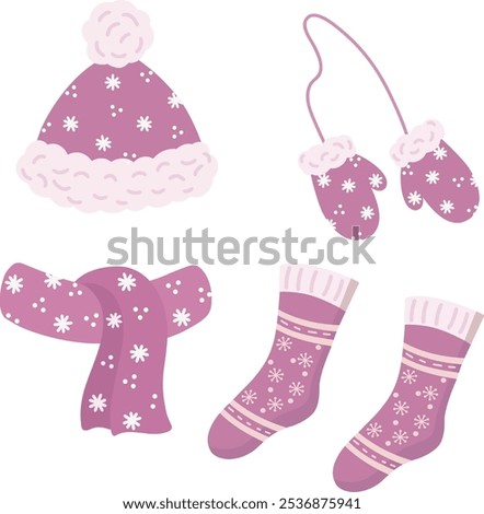 Vector set of winter clothes. Knitted accessories for winter and autumn. Hat, scarf, mittens, socks. Winter woolen clothes. The outerwear is pink with an ornament.