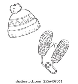 Vector set of winter clothes made of knitted beanie hat, mittens. Black and white drawings with contour lines and patterns. Design elements of cliparts for winter clothes. Fashionable