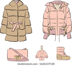Vector Set of winter clothes in pastel, pink, blue, beige, green colors. Fur coat, jacket. Isolated on white background. Autumn and spring woman cloth
