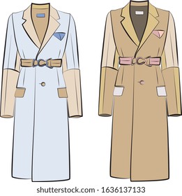 Vector Set of winter clothes in pastel, pink, blue, beige, green colors. Fur coat, jacket. Isolated on white background. Autumn and spring woman cloth
