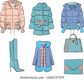 
Vector Set of winter clothes in pastel, pink, blue, beige, green colors. Heels, shoes,fur coat, jacket, boots. Isolated on white background. Autumn and spring
