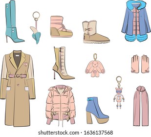
Vector Set of winter clothes in pastel, pink, blue, beige, green colors. Heels, shoes,fur coat, jacket, boots. Isolated on white background. Autumn and spring
