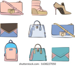 Vector Set of winter clothes in pastel, pink, blue, beige, green colors. Heels, shoes,fur coat, bag, backpack, hat, jacket, boots. Isolated on white background. Autumn and spring
