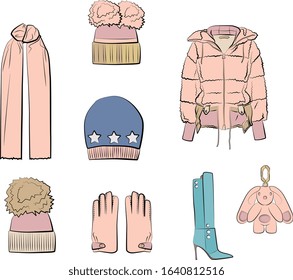 
Vector Set of winter clothes in pastel, pink, blue, beige, green colors. Fur coat, jacket, boots, scarf, hat, bag, gloves. Isolated on white background. Autumn and spring woman cloth